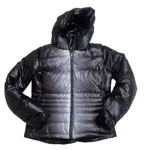 Volkl Womens Black Puffer Jacket Hooded Logo Print Full Zip Sz 10 Ombre ski ec